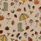 vector seamless pattern mushroom print. Picking up mushrooms in the autumn forest, edible and poisonous mushrooms, leaves and