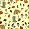 vector seamless pattern mushroom print. Picking up mushrooms in the autumn forest, edible and poisonous mushrooms, leaves and
