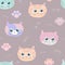 Vector seamless pattern with muzzles and paws of cats on pink background.