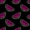 Vector seamless pattern with neon watermelon slices on black background. Summer, exotic, freshness, food concept
