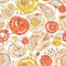 Vector seamless pattern with nutrient-rich raw fruits in boho st