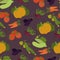 Vector seamless pattern with organic vegetables on a dark. Squash , cucamber, tomato, eggplant, pumpkin and carrot