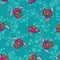 Vector seamless pattern with ornamental ocean turtles. Blue ethnic fabric design.