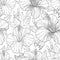 Vector seamless pattern with ornate Chinese Hibiscus flower, bud and leaves on the white background. Monochrome floral