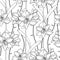 Vector seamless pattern with outline Amaryllis or belladonna Lily flower and leaf in black on the white background.