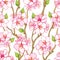 Vector seamless pattern with outline blooming Apricot flower bunch, branch and green leaves on the white background.