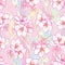 Vector seamless pattern with outline blooming Apricot flower bunch, branch and ornate leaves on the pastel pink background.