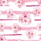 Vector seamless pattern with outline blooming Apricot flower bunch and horizontal pink stripes the white background.