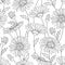 Vector seamless pattern with outline Chamomile flower, bud and leaves on the white background. Chamomile pattern in contour style.