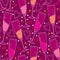 Vector seamless pattern with outline champagne glass and pink hearts on the maroon background. Pattern in contour style.