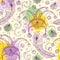 Vector seamless pattern with outline clown or harlequin cap, peacock feather and ornate beads in pastel colored on the white.