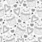 Vector seamless pattern with outline cupcake and ornate hearts in black on the white background. Romantic design with cakes.