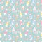 Vector seamless pattern with outline Easter rabbits, egg, basket and flowers in pastel colors on the turquoise background.