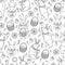 Vector seamless pattern with outline Easter rabbits, egg, basket and flowers on the white background. Cute cartoon bunny and eggs.