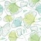 Vector seamless pattern with outline Gingko or Ginkgo biloba leaves and blot in pastel green on the white background.