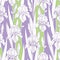 Vector seamless pattern with outline Iris flowers in white, bud and leaves on the green and lilac background. Floral background.