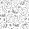 Vector seamless pattern with outline Linden or Tilia or Basswood flower bunch, bract, fruit and ornate leaf in black on the white.