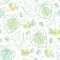 Vector seamless pattern with outline Linden or Tilia or Basswood flower bunch, bract, fruit and ornate leaf in pastel green.