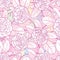 Vector seamless pattern with outline open Camellia flower, bud and ornate leaf in pastel pink on the white background.