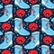 Vector seamless pattern with outline open red tulip flowers, pastel blue rubber boot and hearts on the blue background.