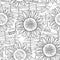 Vector seamless pattern with outline open Sunflower, wicker fence and jug on the white background. Floral summer pattern.