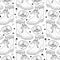 Vector seamless pattern with outline open tulip flowers, rubber boot and hearts in black on the white background.