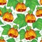 Vector seamless pattern with outline orange Abutilon or Indian mallow flower and ornate green leaf on the white background.