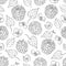Vector seamless pattern with outline Raspberry with berry, flowers and foliage in black on the white background.