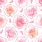 Vector seamless pattern with outline red Poppy flower and pink pastel blots on the white background. Elegance floral background.