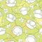 Vector seamless pattern with outline white Pumpkins with ornate flower on the textured pastel green background. Contour Pumpkins.