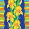 Vector seamless pattern with outline yellow Iris flower, bud, green leaf and stripes on the blue background. Floral background.