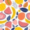 Vector seamless pattern with papaya fruits, lemons, oranges, bananas, watermelons, strawberries, figs and palm leaves