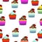 Vector seamless pattern. Pastry, cute cupcakes, lollipops.