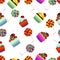 Vector seamless pattern. Pastry, cute cupcakes, lollipops.