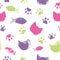 Vector seamless pattern with paw footprints, cat muzzles and fish