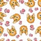 Vector seamless pattern with pembroke welsh corgi on white background with footsteps.