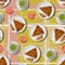 Vector seamless pattern with piece of apple pie in white plate, green tea in cup on background of pink lime clothed tablecloth.