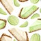 Vector seamless pattern piece of cheesecake cake, scattered whole lime circle, and halves. Delicate creamy-curd cheese