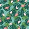 Vector seamless pattern with pink flamingo leaves with palm leaf