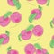 Vector seamless pattern of pink peaches on a yellow background, drawn with one continuous line. The illustration is suitable for