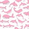 Vector seamless pattern with pink whales, sharks, narwhals and d