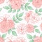 Vector seamless pattern with pink and white lily, chrysanthemum, camellia, peony and rose flowers and leaves on dotted background.