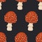 Vector Seamless Pattern with Poisonous Inedible Mushroom. Hand Drawn Cartoon Red Fly Agaric Mushroom on Black Background