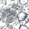 Vector seamless pattern with pomegranate fruits, flowers, branches.