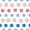 Vector seamless pattern pompom in rows in blue, pink and red color on white background. Holiday Christmass or birthday