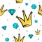 Vector seamless pattern with princess, queen crown and diamond
