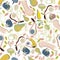 Vector seamless pattern with pumpkins, pears, turnips and tomatoes.