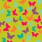 Vector seamless pattern with random orange, blue, pink, purple butterflies on green background