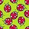 Vector seamless pattern of a red round beetle with white spots and small antennae and a black outline randomly placed on