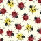 Vector seamless pattern with red and yellow ladybugs.
